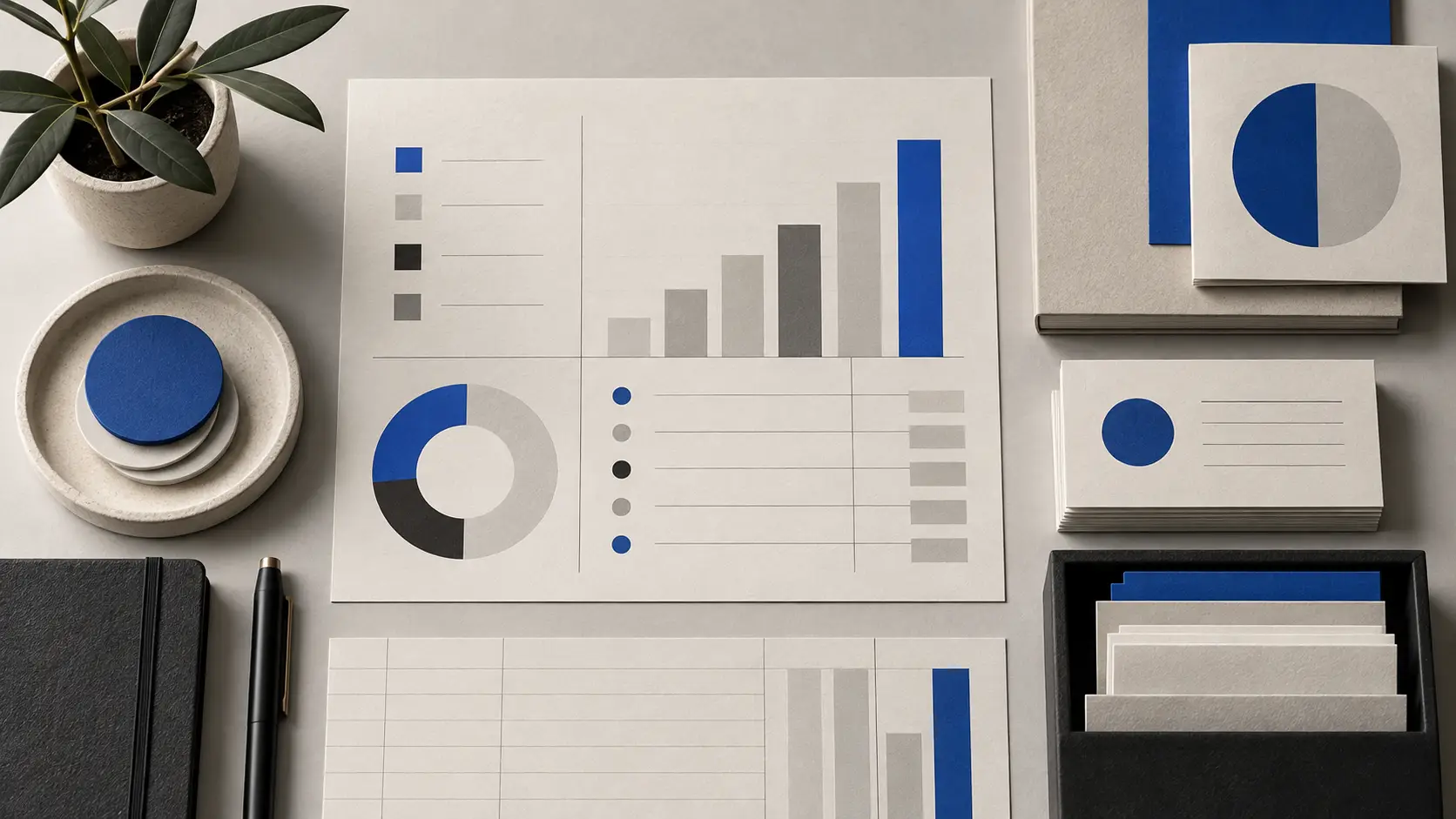 Editorial still life with geometric charts and ledger forms