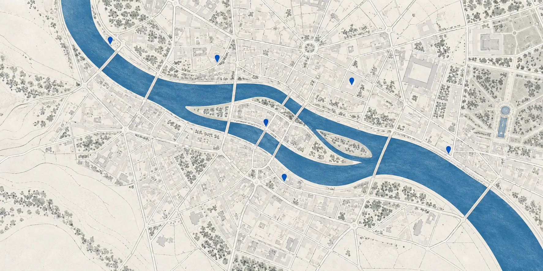 Editorial city map crossed by a blue river and location markers